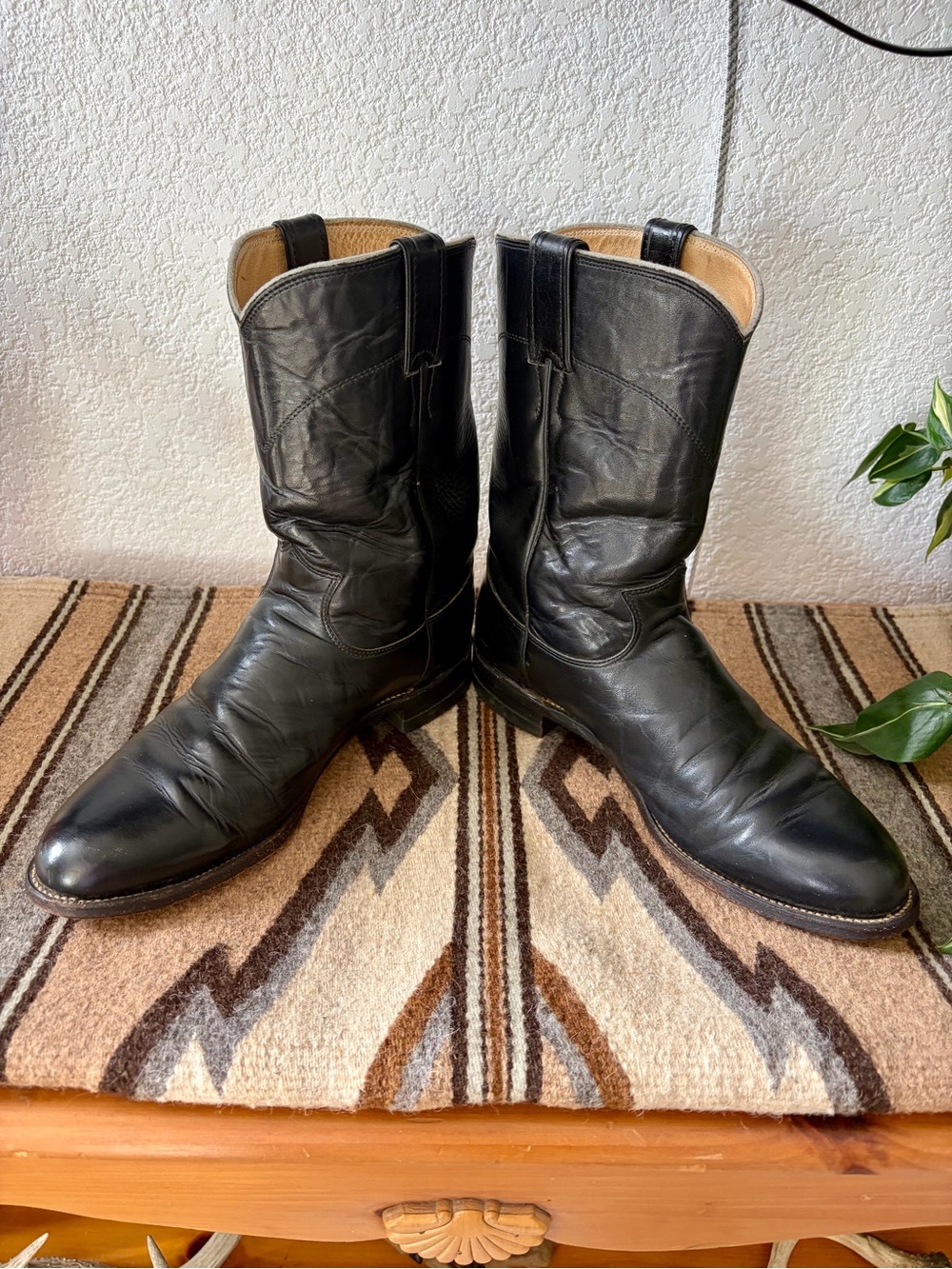 Justin 90s Roper  Boots Black Leather Western Cowboy Boots